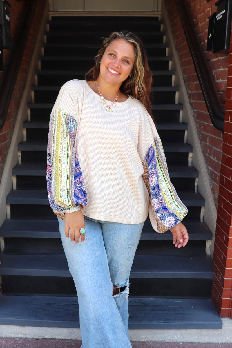 Waffle Knit Printed Long Sleeve TOPS Easel 