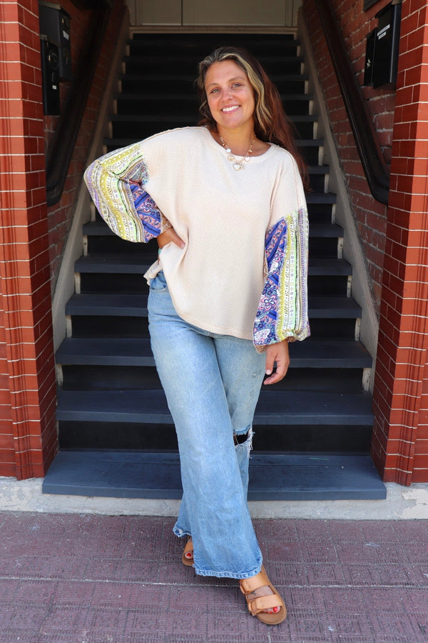 Waffle Knit Printed Long Sleeve TOPS Easel 