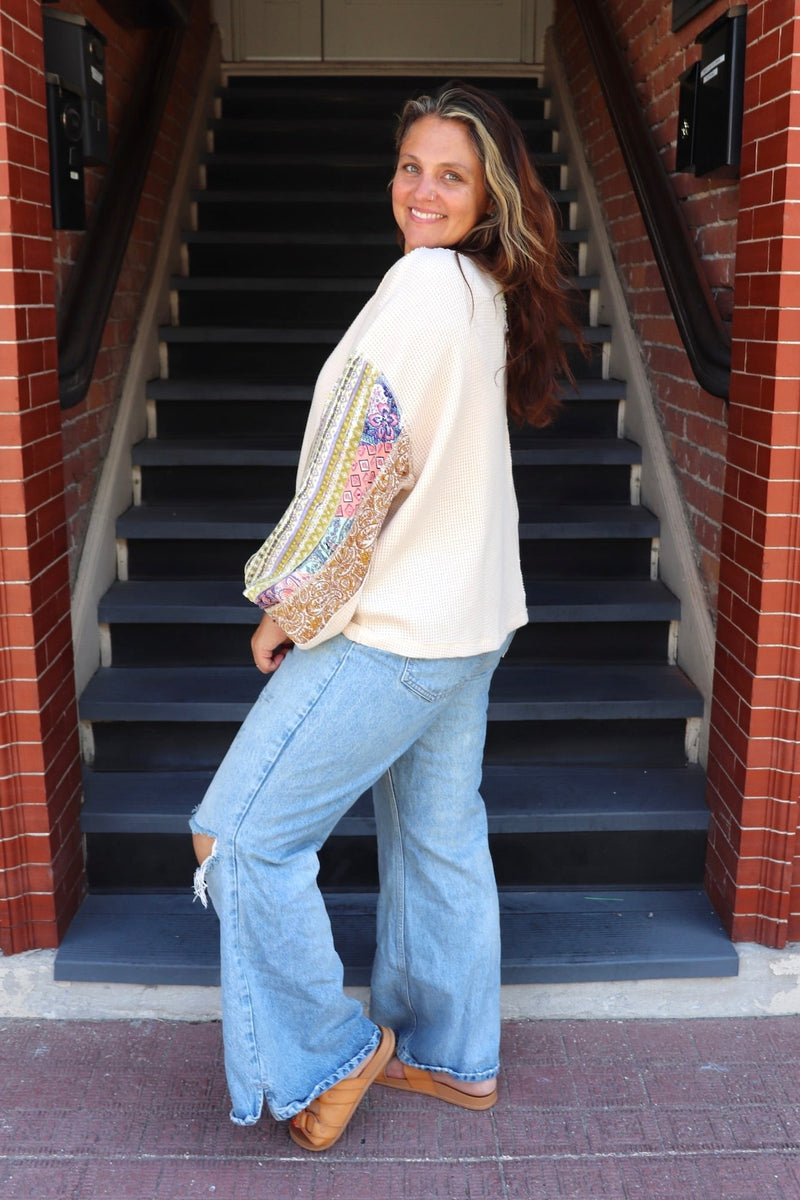 Waffle Knit Printed Long Sleeve TOPS Easel 