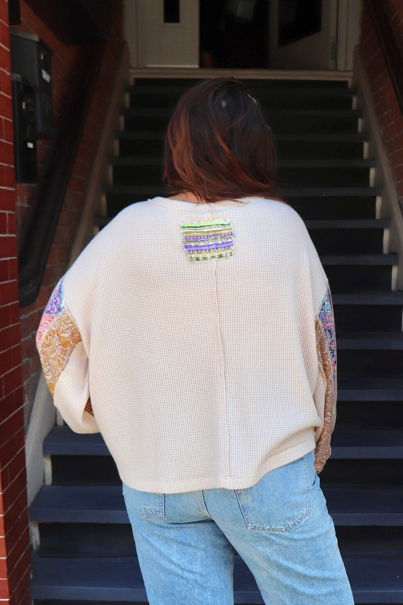 Waffle Knit Printed Long Sleeve TOPS Easel 