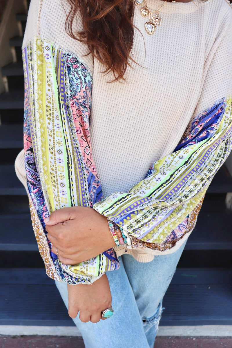 Waffle Knit Printed Long Sleeve TOPS Easel 